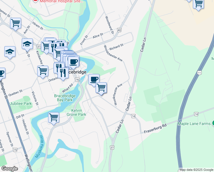 map of restaurants, bars, coffee shops, grocery stores, and more near 36 Edward Street in Bracebridge