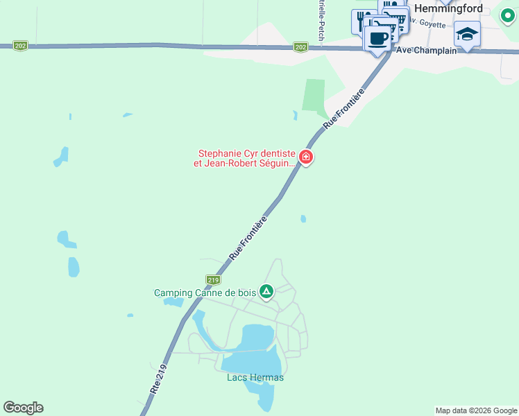 map of restaurants, bars, coffee shops, grocery stores, and more near 353 Québec 219 in Hemmingford