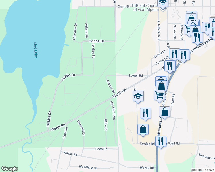map of restaurants, bars, coffee shops, grocery stores, and more near 900-912 Cowper St in Alpena