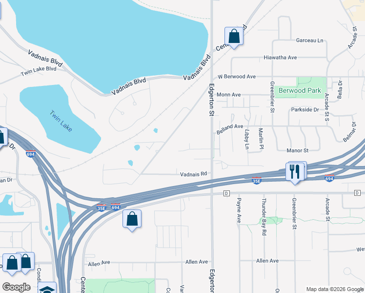 map of restaurants, bars, coffee shops, grocery stores, and more near 515 Witt Court in Vadnais Heights