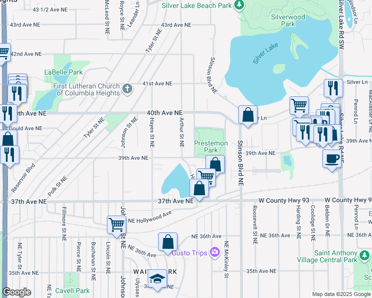 map of restaurants, bars, coffee shops, grocery stores, and more near 3912 Cleveland Street Northeast in Minneapolis