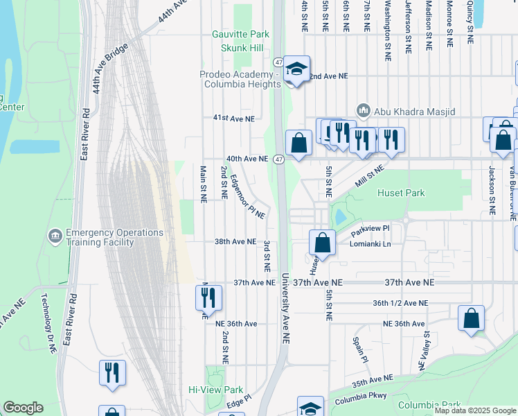map of restaurants, bars, coffee shops, grocery stores, and more near 3853 3rd Street Northeast in Minneapolis