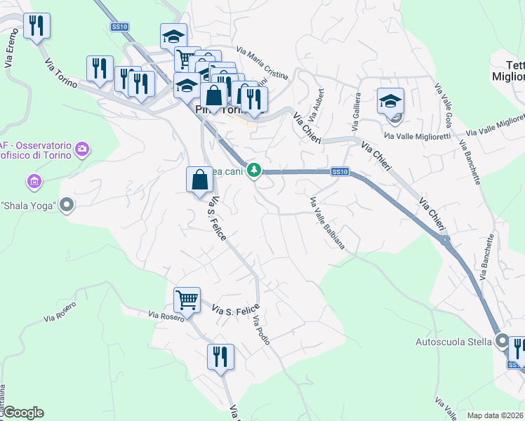 map of restaurants, bars, coffee shops, grocery stores, and more near 7 Strada del Rio Vallero in Pino Torinese