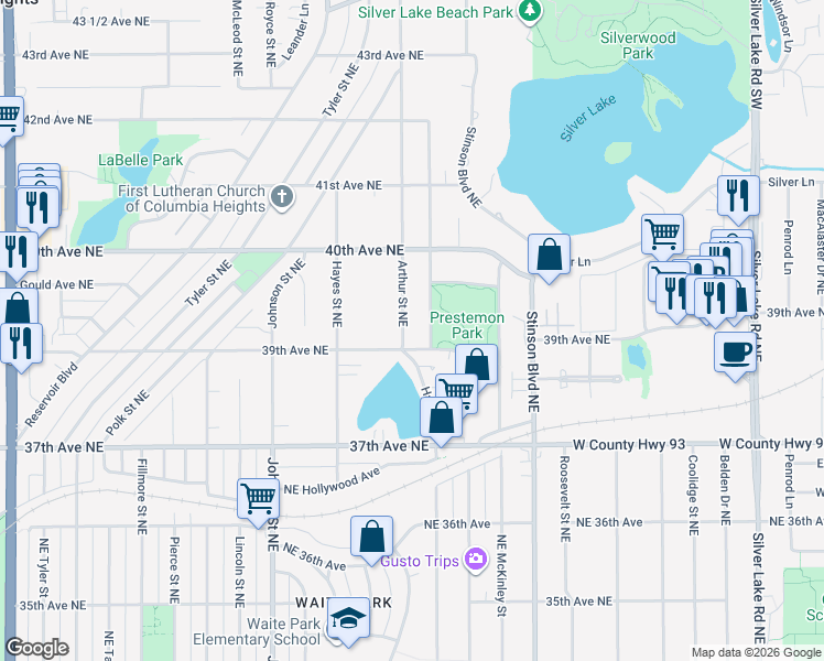 map of restaurants, bars, coffee shops, grocery stores, and more near 3912 Cleveland Street Northeast in Minneapolis