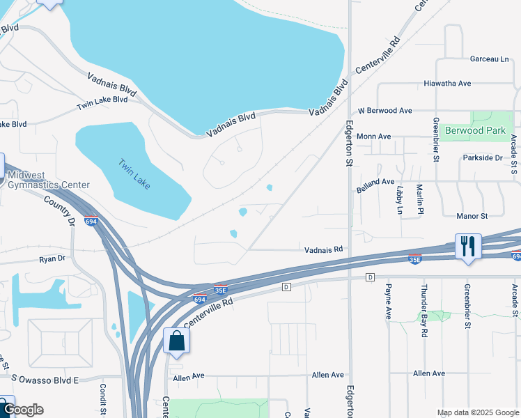 map of restaurants, bars, coffee shops, grocery stores, and more near 3205 Centerville Road in Vadnais Heights