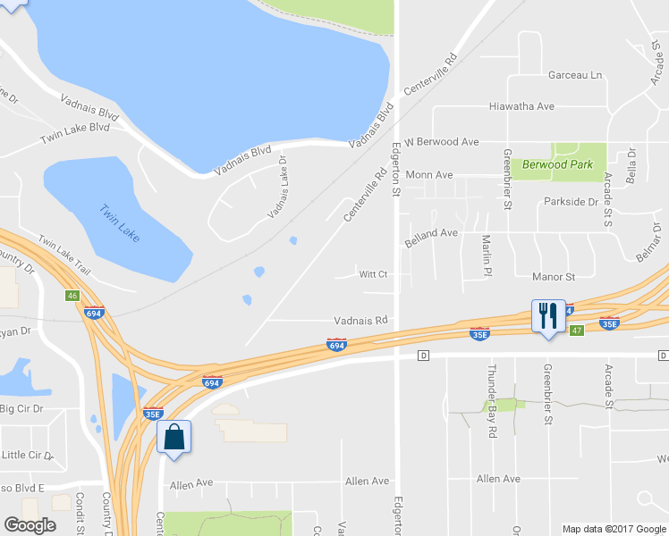 map of restaurants, bars, coffee shops, grocery stores, and more near 515 Witt Court in Vadnais Heights