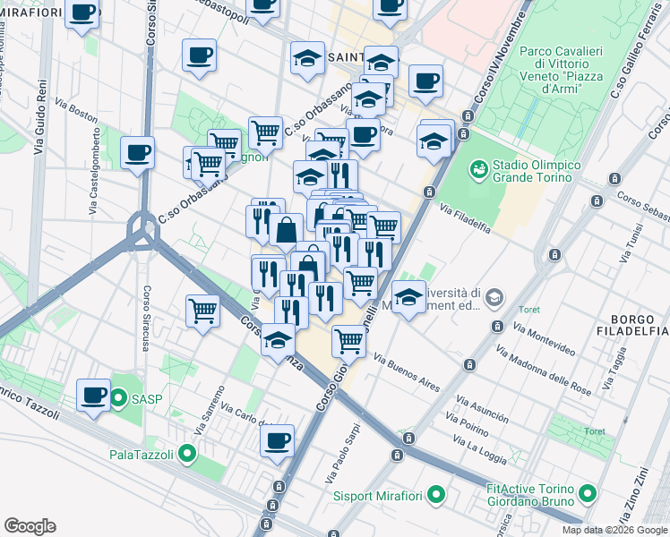 map of restaurants, bars, coffee shops, grocery stores, and more near 137 Piazza Carlo Montanari in Torino