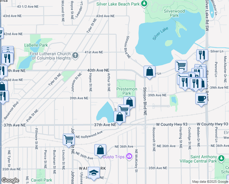 map of restaurants, bars, coffee shops, grocery stores, and more near 3912 Cleveland Street Northeast in Minneapolis