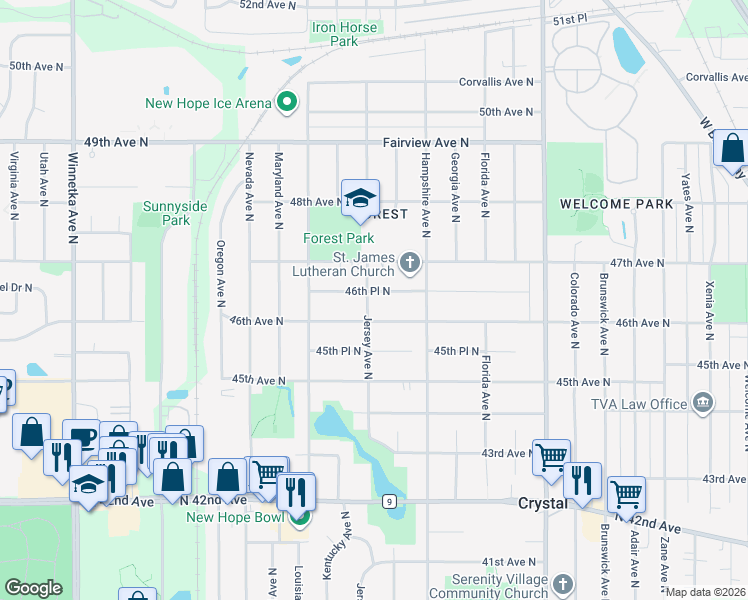 map of restaurants, bars, coffee shops, grocery stores, and more near 4618 Jersey Avenue North in Minneapolis