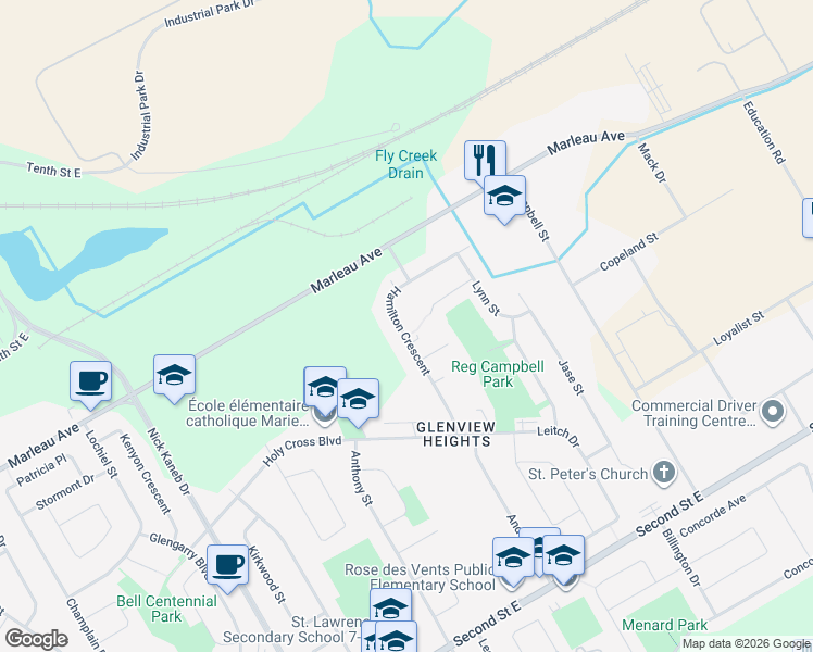 map of restaurants, bars, coffee shops, grocery stores, and more near 664 Hamilton Crescent in Cornwall