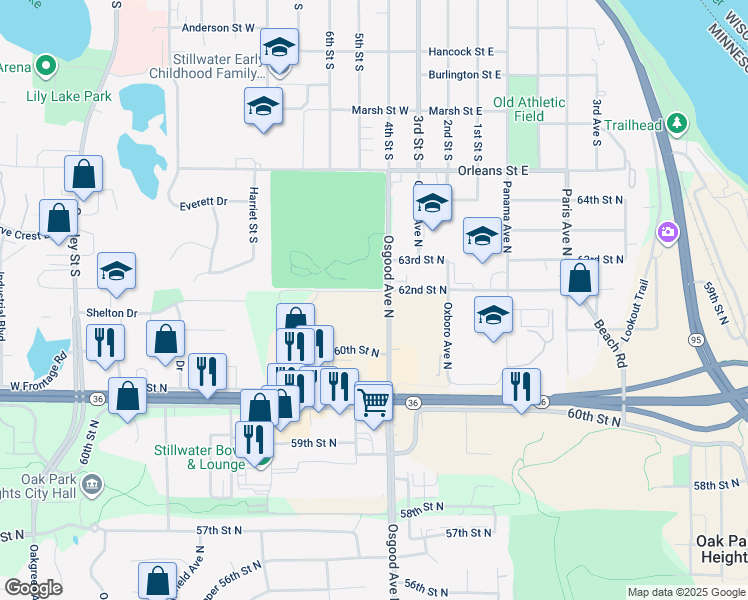 map of restaurants, bars, coffee shops, grocery stores, and more near 14779 62nd Street North in Stillwater