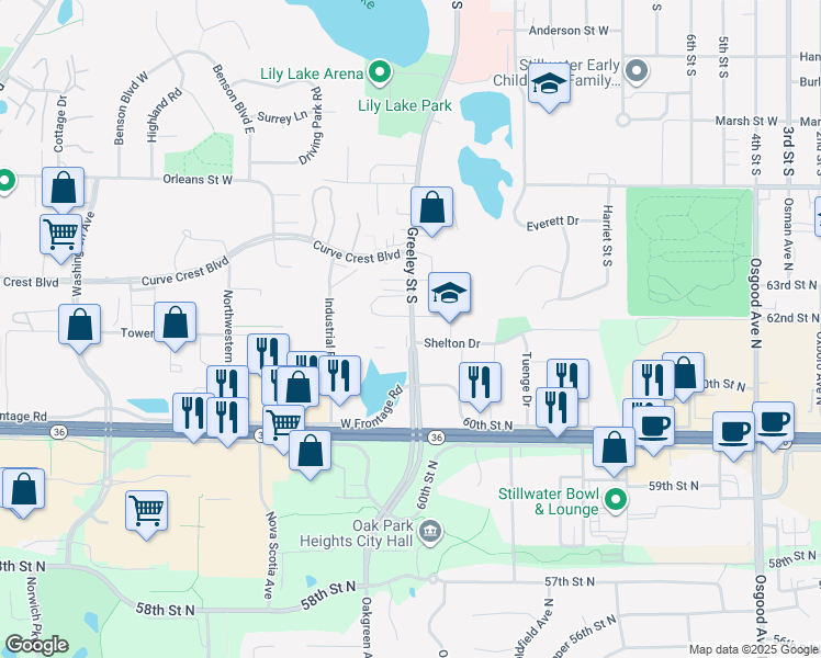 map of restaurants, bars, coffee shops, grocery stores, and more near 1862 County Road 66 in Stillwater