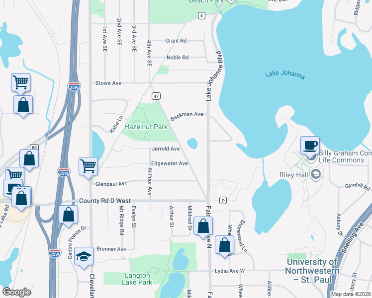 map of restaurants, bars, coffee shops, grocery stores, and more near 3243 New Brighton Road in Arden Hills