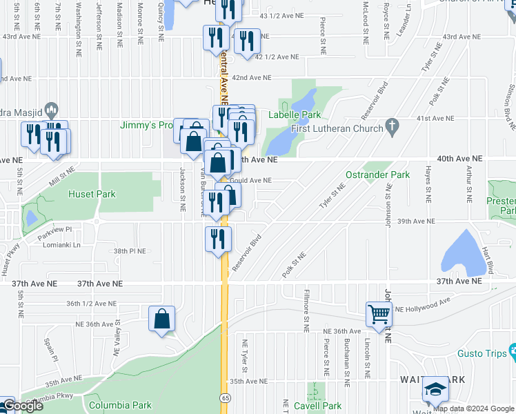 map of restaurants, bars, coffee shops, grocery stores, and more near 1036 Peters Place in Columbia Heights