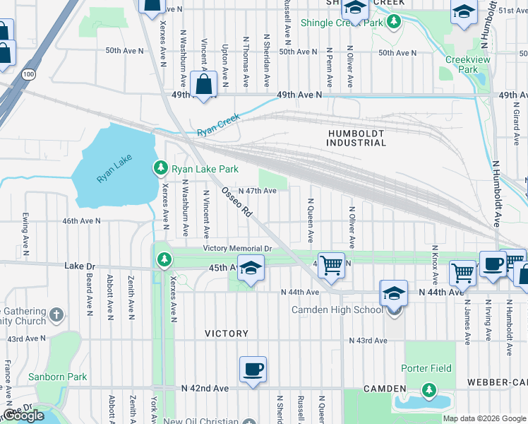 map of restaurants, bars, coffee shops, grocery stores, and more near 4615 North Sheridan Avenue in Minneapolis