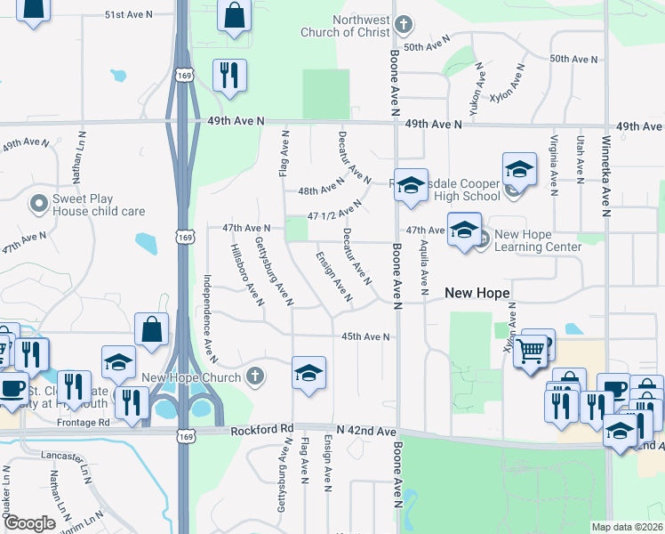 map of restaurants, bars, coffee shops, grocery stores, and more near 4657 Decatur Avenue North in Minneapolis