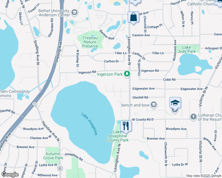 map of restaurants, bars, coffee shops, grocery stores, and more near 1159 Edgewater Avenue in Arden Hills