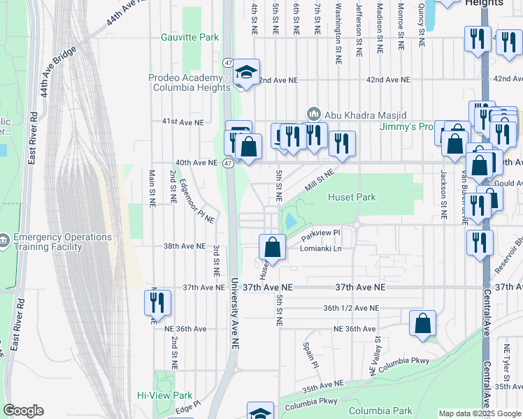 map of restaurants, bars, coffee shops, grocery stores, and more near 351 Jolly Lane in Columbia Heights