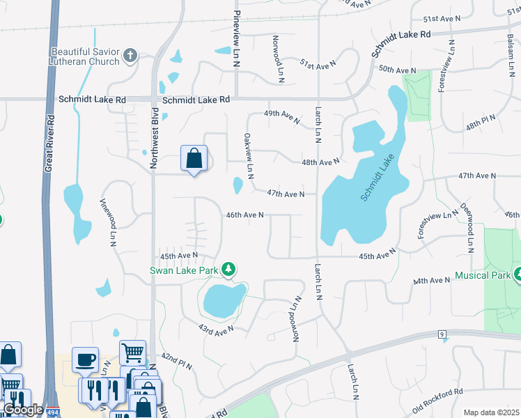 map of restaurants, bars, coffee shops, grocery stores, and more near 12520 46th Avenue North in Minneapolis