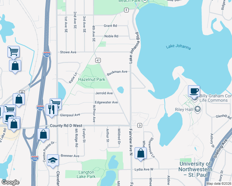 map of restaurants, bars, coffee shops, grocery stores, and more near 3243 New Brighton Road in Arden Hills