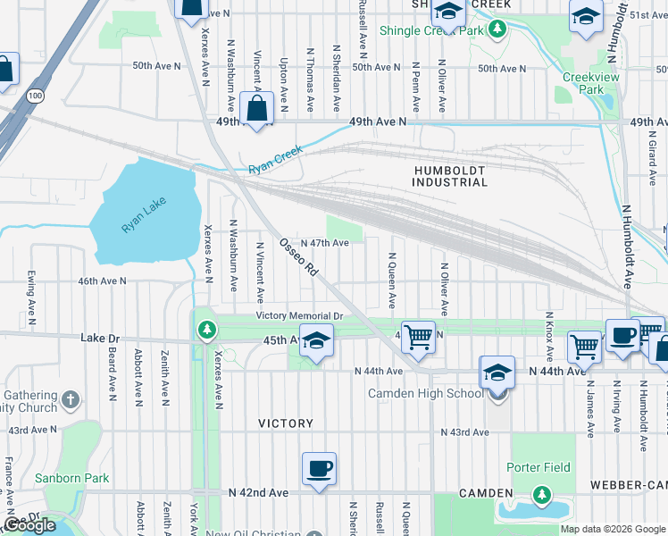 map of restaurants, bars, coffee shops, grocery stores, and more near 4615 North Sheridan Avenue in Minneapolis