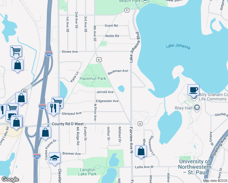 map of restaurants, bars, coffee shops, grocery stores, and more near 3243 New Brighton Road in Arden Hills
