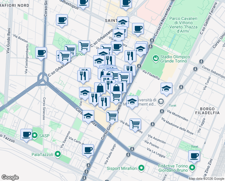 map of restaurants, bars, coffee shops, grocery stores, and more near 137 Piazza Carlo Montanari in Torino