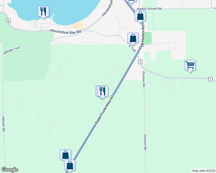map of restaurants, bars, coffee shops, grocery stores, and more near 7573 Wisconsin 42 in Egg Harbor