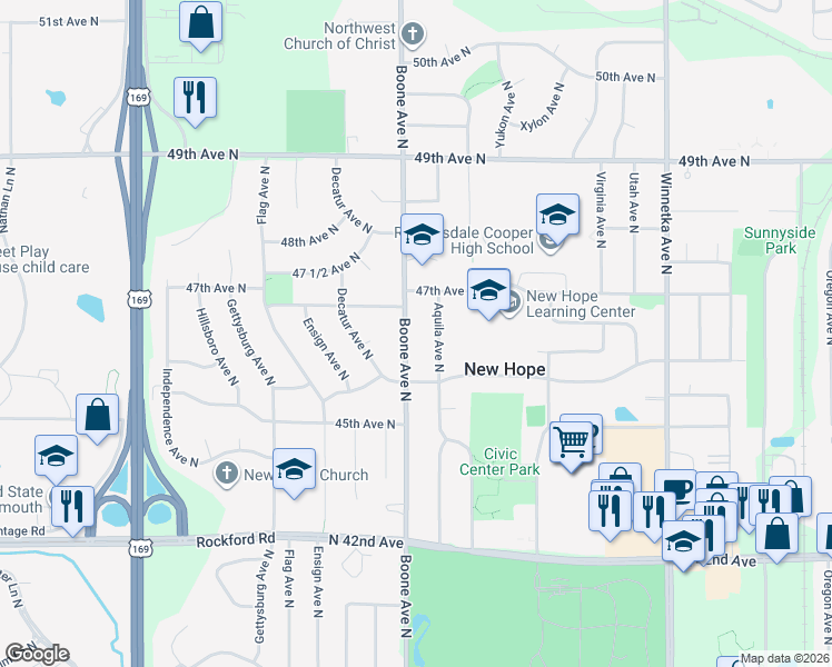map of restaurants, bars, coffee shops, grocery stores, and more near 4630 Boone Avenue North in Minneapolis