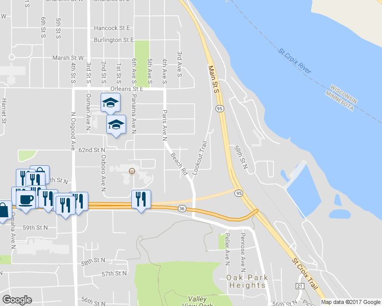 map of restaurants, bars, coffee shops, grocery stores, and more near 6216 Lookout Trail in Stillwater