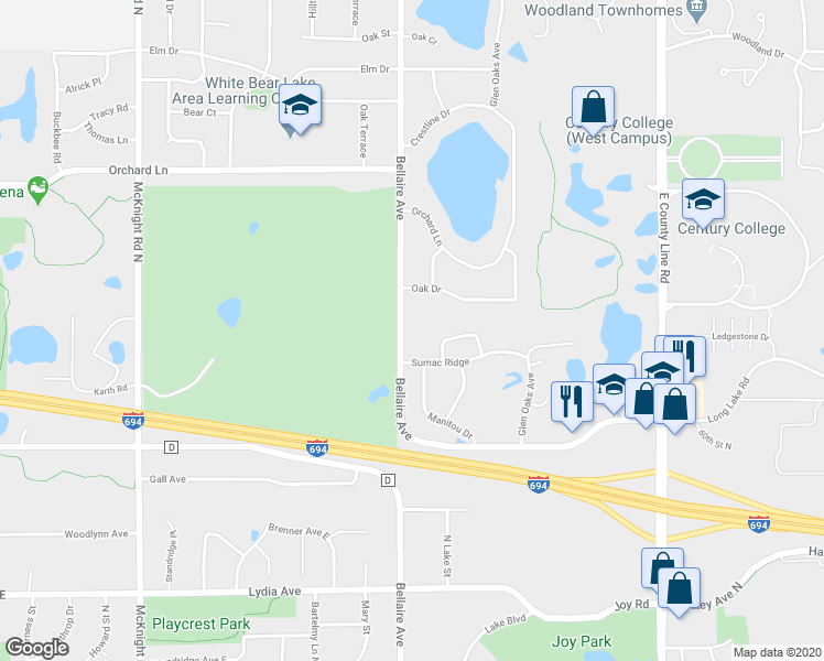 map of restaurants, bars, coffee shops, grocery stores, and more near 3220 Bellaire Avenue in White Bear Lake