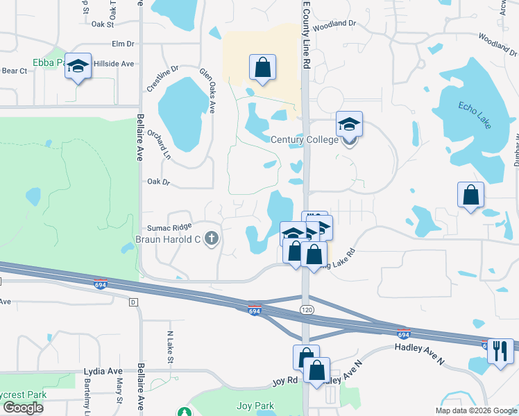 map of restaurants, bars, coffee shops, grocery stores, and more near 2675 Sumac Ridge in White Bear Lake