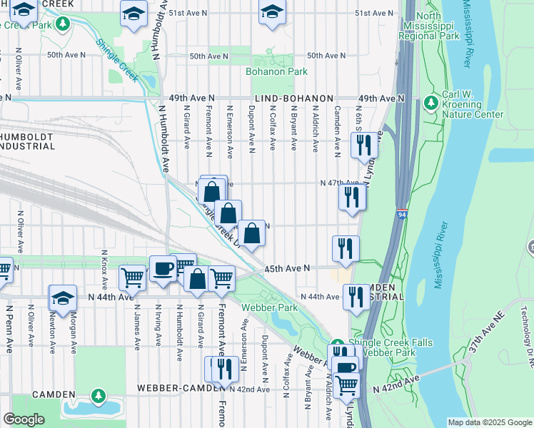 map of restaurants, bars, coffee shops, grocery stores, and more near 4618 North Colfax Avenue in Minneapolis