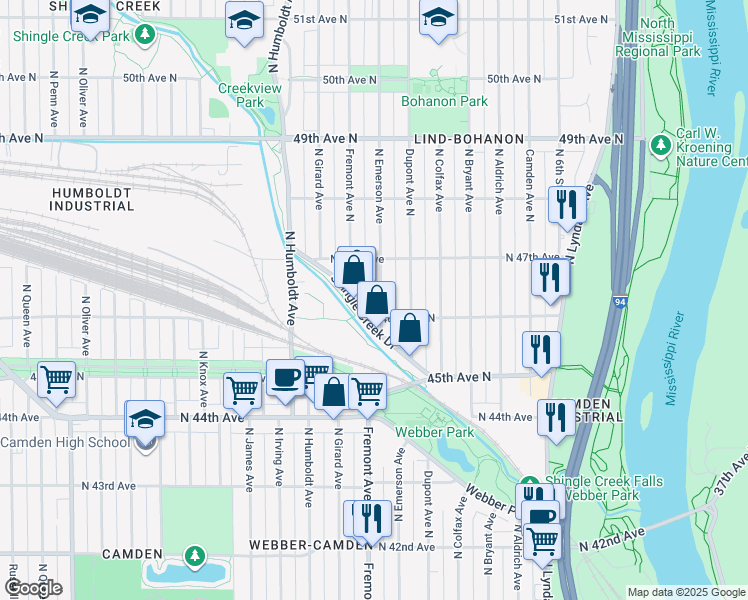 map of restaurants, bars, coffee shops, grocery stores, and more near 4619 Emerson Avenue North in Minneapolis