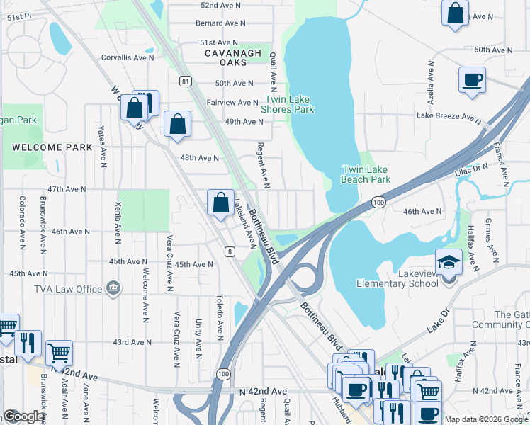 map of restaurants, bars, coffee shops, grocery stores, and more near 4513 Quail Avenue North in Minneapolis