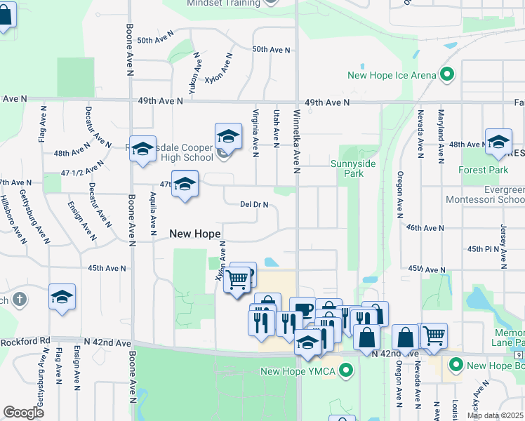 map of restaurants, bars, coffee shops, grocery stores, and more near 8019 Del Drive North in Minneapolis