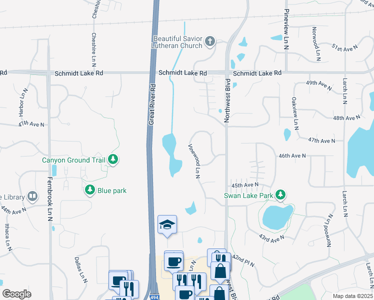 map of restaurants, bars, coffee shops, grocery stores, and more near 4645 Vinewood Lane North in Plymouth