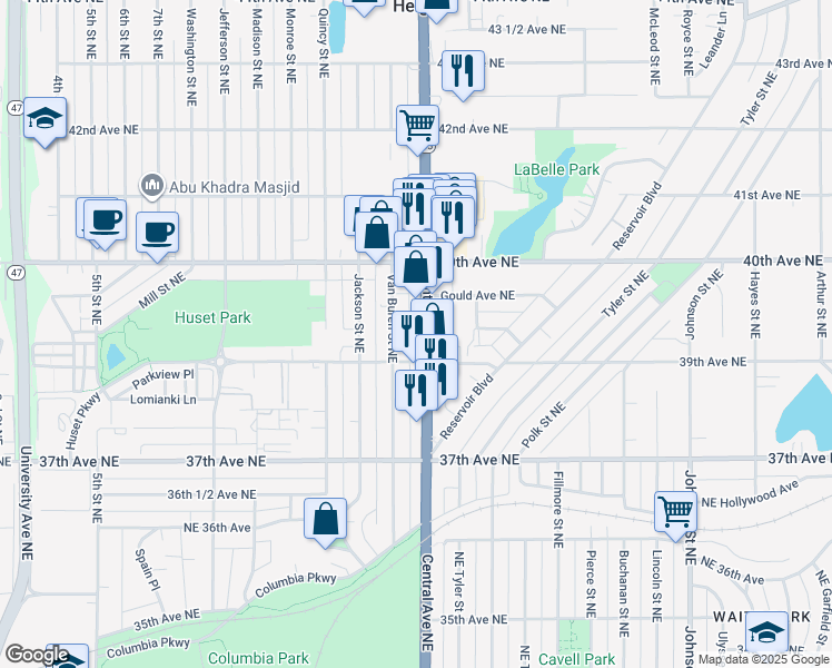 map of restaurants, bars, coffee shops, grocery stores, and more near 3924 Central Avenue Northeast in Minneapolis