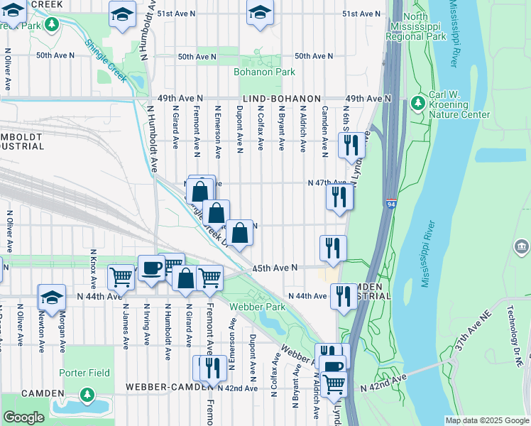 map of restaurants, bars, coffee shops, grocery stores, and more near 4618 North Colfax Avenue in Minneapolis