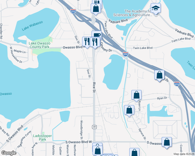 map of restaurants, bars, coffee shops, grocery stores, and more near 3212 Rice Street in Saint Paul