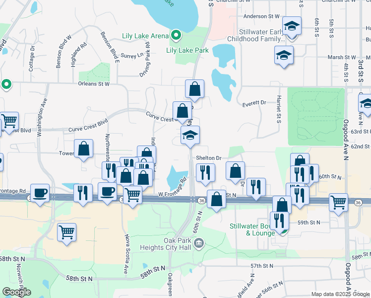 map of restaurants, bars, coffee shops, grocery stores, and more near 1862 County Road 66 in Stillwater