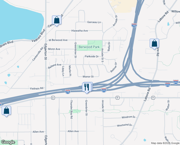 map of restaurants, bars, coffee shops, grocery stores, and more near 3231 Ridgewood Avenue in Vadnais Heights