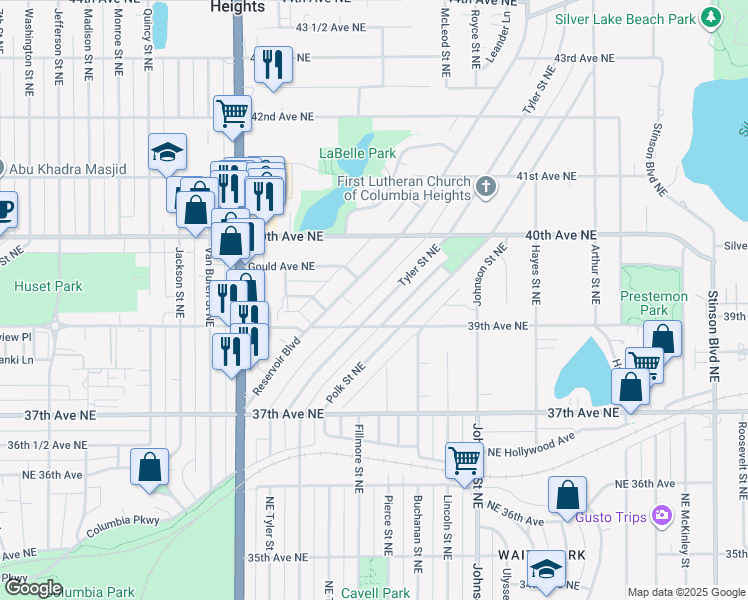 map of restaurants, bars, coffee shops, grocery stores, and more near 3922 Tyler Street Northeast in Minneapolis