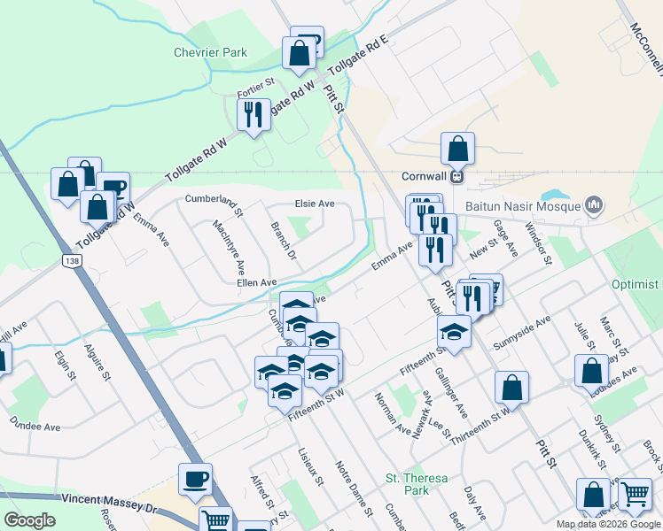 map of restaurants, bars, coffee shops, grocery stores, and more near 142 Ellen Avenue in Cornwall