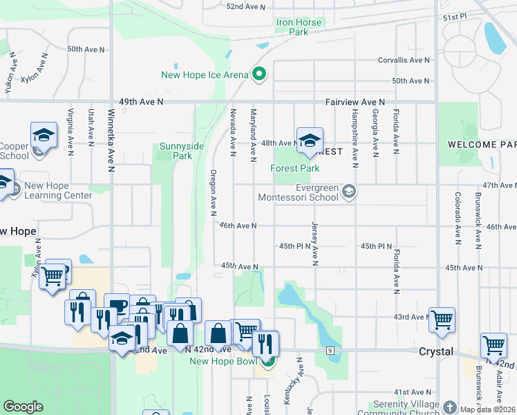 map of restaurants, bars, coffee shops, grocery stores, and more near 4617 Maryland Avenue North in Minneapolis