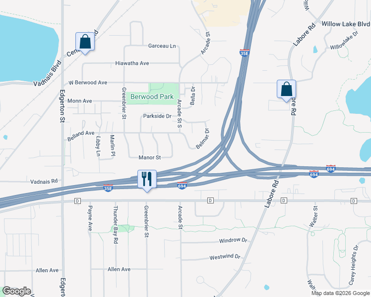 map of restaurants, bars, coffee shops, grocery stores, and more near 3248 Belmar Drive in Vadnais Heights