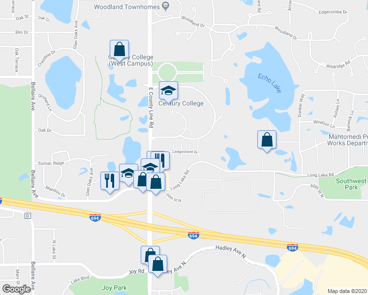 map of restaurants, bars, coffee shops, grocery stores, and more near 896 Ledgestone Drive in Mahtomedi