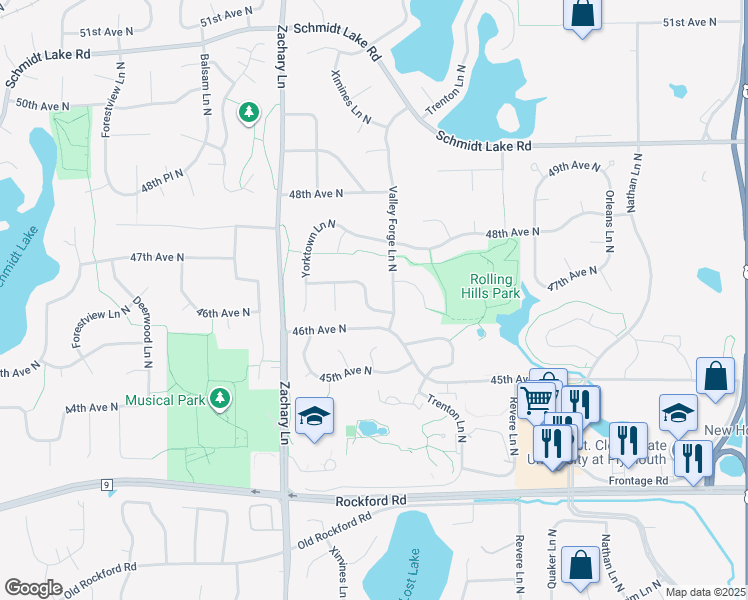 map of restaurants, bars, coffee shops, grocery stores, and more near 10800 46th Place North in Minneapolis