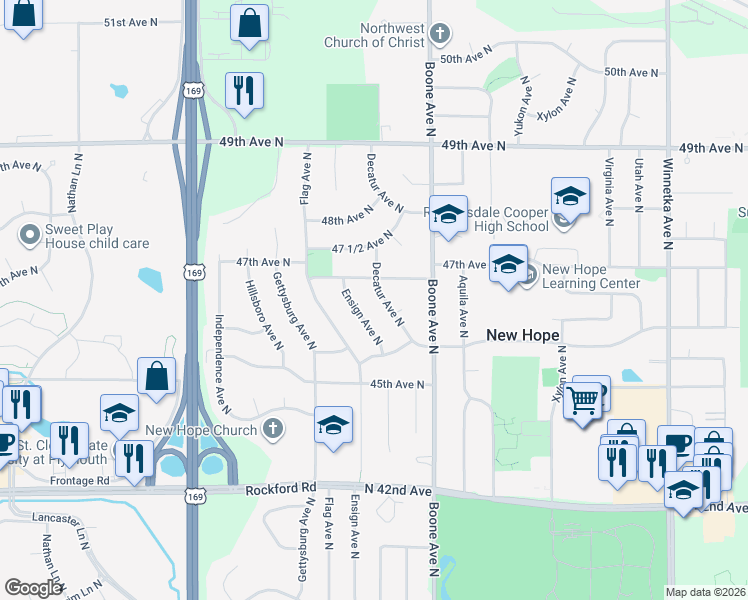 map of restaurants, bars, coffee shops, grocery stores, and more near 4657 Decatur Avenue North in Minneapolis