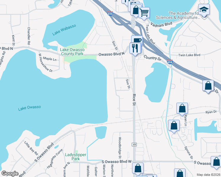 map of restaurants, bars, coffee shops, grocery stores, and more near 3225 Woodbridge Street in Shoreview